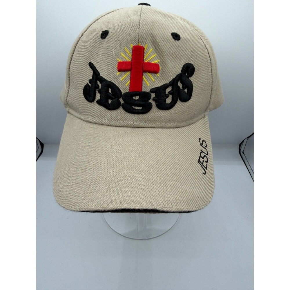 Jesus Cross Christian Embroidered Beige Adjustable Baseball Cap Hat One Size